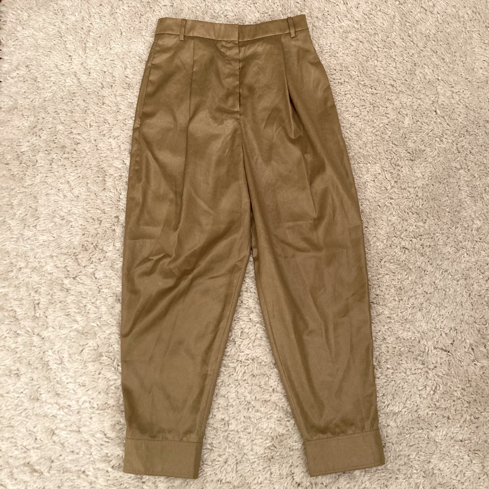 Tibi liquid drape carrot pants, gold / khaki, faux leather effect, S, worn 1x